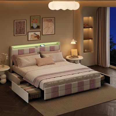 Gestoffeerd bed 140x200cm - wit-roze fluweel, 4 grote lades, LED-verlichting & USB-poort - ideaal voor kinder- en tienerkamers