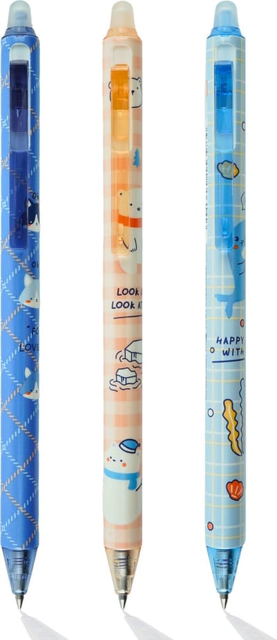 Ainy - Schattige Dieren Uitwisbare Pen - set van 3 blauwe uitgumbare pennen voor in je etui - kawaii balpen | middelbare schoolspullen balpennen