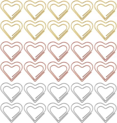 30 Stuks Hartvormige Paperclips Set in Zilver, Roze Goud en Goud - Perfect voor Kantoor en School, Creatieve Bureauaccessoires, Metalen Klemmen