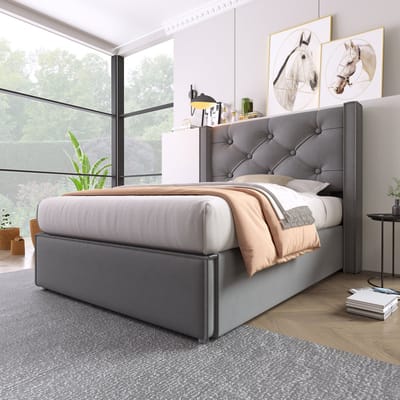 Opbergbed 90x200 cm met Hydraulische Opbergruimte - Gestoffeerd Eenpersoonsbed met Hoofdbord en Lattenbodem - Metalen Bedframe - Grijs