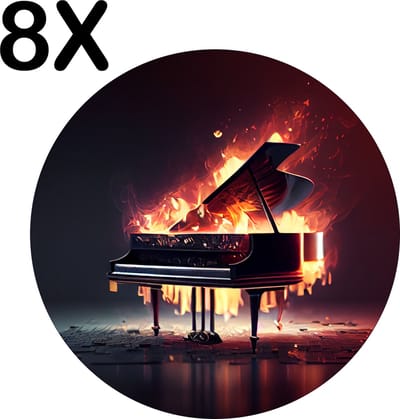 Luxe Ronde Placemat - Brandende Piano in het Donker - Set van 8 Placemats - 50x50 cm - 2 mm dik Vinyl - Anti Slip - Afneembaar