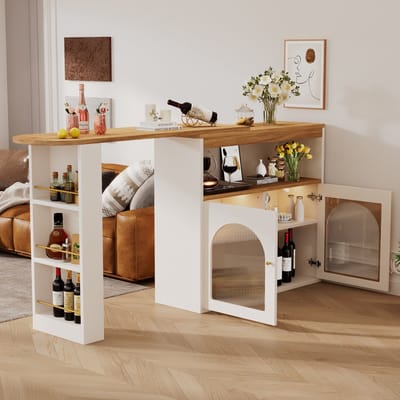 Gutent Bartafel, Wit, 138-193X39X105CM, met Opbergruimte, Telescopische tafel, Draaibaar, voor eetkamer, met 1 m LED-strip (instelbare lichtkleur)
