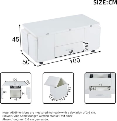 Salontafel met krukken - Eettafel bijzettafel - Ruimtebesparend wonen - Inclusief 4 opbergkrukken - 100 x 50 x 45 cm