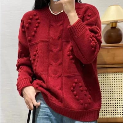 Herfst en Winter Ronde Hals Dames Gebreide Trui Rood Veelzijdig Luie Stijl Dikke Trui voor Dames One size