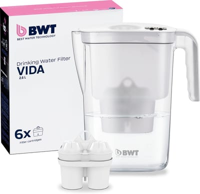 BWT Waterfilterkan VIDA + 6 Soft Extra Waterfilter Wit | Verwijdert kalk, chloor, lood & koper | 120 L per cartridge | Handmatige vervangingsindicator | BPA‑vrij | Past in koelkastdeur | Geschikt voor thee, koffie & koken