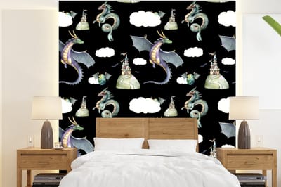 Behang - Fotobehang Jongens - Patronen - Draak - Kasteel - Breedte 220 cm x hoogte 240 cm