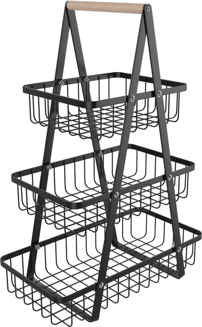 ACXIN Fruitrek 3‑Laags – Metaal Obstmand met Houten Handgreep – Zwart – 33×17×47 cm