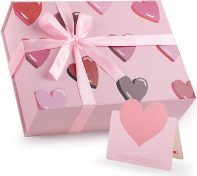 SnelShoppen - Roze Geschenkdoos met Deksel 26x19x8 cm, Opvouwbare Kartonnen Doos met Lint en Wenskaart, Luxe Cadeau voor Bruidsmeisje, Valentijnsdag,
