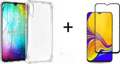 Ntech Hoesje Geschikt Voor Samsung Galaxy A50 Anti Shock Back hoesje + Full Cover Glazen Screenprotector Zwart
