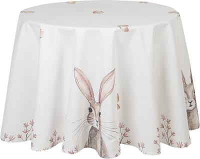 Clayre & Eef Tafelkleed Ø 170 cm Wit Bruin Katoen Rond Konijn Tafellaken