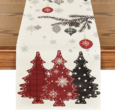 STAR&STER Kerst Tafelloper Rood – 40x140 cm – Winterse Tafeldecoratie met Dennenboommotief – Feestelijke Tafelkleed Decoratie voor Binnen & Vakantiefeesten