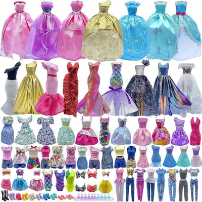 60-delige set poppenkleding en accessoires: 4 bruidsjurken, 2 avondjurken, 8 modejurken, 6 casual outfits, 20 hangers, 10 paar schoenen, 10 speelgoedaccessoires, de