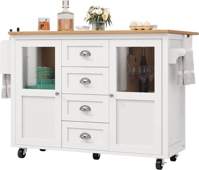 Keukeneiland - Verplaatsbaar - Keukenkast - Dressoir - Organizer - Kasten - Houten Werkblad - 2 Deuren - Wit