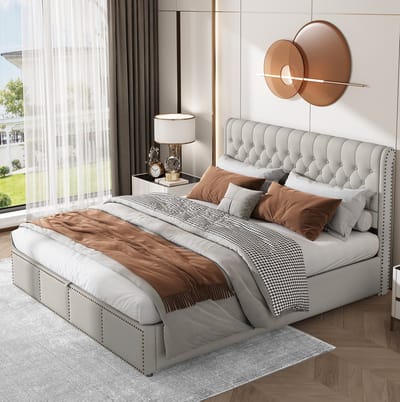 MEUNIQ gestoffeerd tweepersoons bed 160 x 200 cm met opbergruimte, hydraulische heffing, lattenbodem, hoge bedrugleuning en nageldetail voor de slaapkamer, grijs