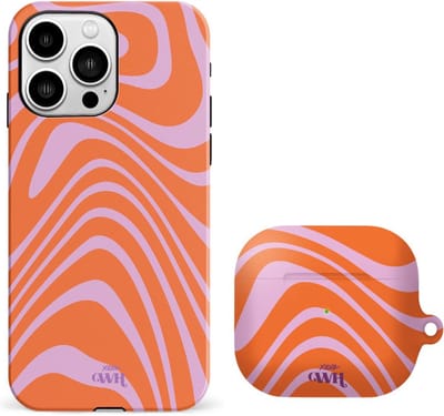 xoxo Wildhearts telefoonhoesje geschikt voor iPhone 11 Pro met AirPods 3 hoesje - set - Boogie Wonderland Orange - Double Layer - Telefoonhoesje met dubbele beschermlaag - Hoesje met golvend patroon - Golven - Oranje met Paars
