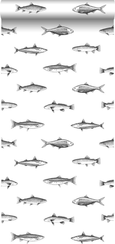 ESTAhome behang pentekening vissen wit en zwart - 53 cm x 10.05 m - 138967