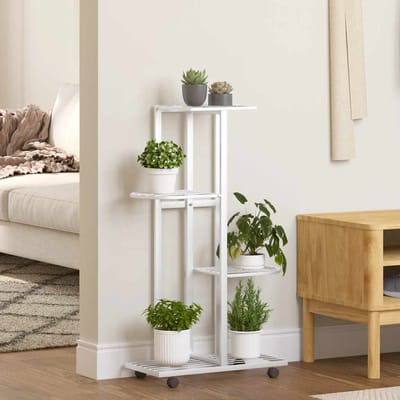 vidaXL - Bloemenstandaard - met - wielen - 4-laags - 44x23x80 - cm - ijzer - wit