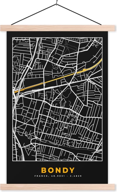 Posterhanger incl. Poster 40x60 cm - Schoolplaat - Kaart - Stadskaart - Plattegrond - Bondy - Frankrijk - Textielposter - Blanke latten - Stadskaart