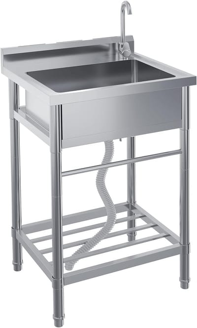 Roestvrijstalen spoelbak 60x50x107 cm, vrijstaande keukenspoelbak, professionele spoelbak met 1 bak, kraan, voor wasruimte, buitenkeuken, horecakeukens, spoelbakken