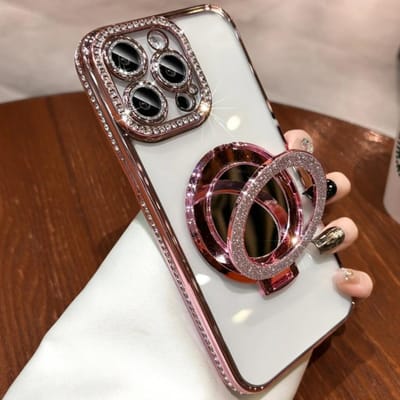 Hoge Kwaliteit Spiegel Stand Glanzende Strass Telefoonhoesje Voor iPhone 15 14 11 12 13 16 Pro Max 15 Plus Magnetische Heldere Beschermhoes For iPhone 13 gray