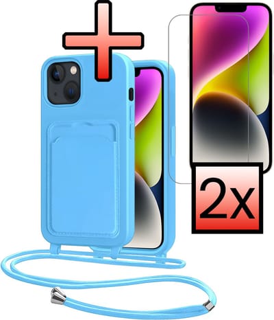 Hoes Geschikt voor iPhone 14 Hoesje Pasjeshouder Cover Met Koord Case Siliconen Hoes Met Telefoonkoord en Kaarthouder Met 2x Screenprotector - Lichtblauw