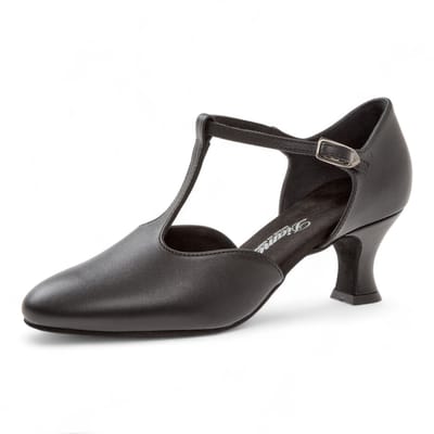 Diamant 053 - 006 - 034 - Zwarte Leren Dansschoenen - 5,5 cm Spaanse Hak - Verfijnde Tstrap - Gesloten neus - Flexibel zwart suède zool - Gesp met druksluiting - Ballroom, Tango Kizomba, Bachata - Diamant - Zwart - 42