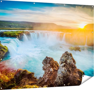 Gards Tuinposter Watervallen bij Zonsondergang - 150x120 cm - Tuindoek - Tuindecoratie - Wanddecoratie buiten - Tuinschilderij