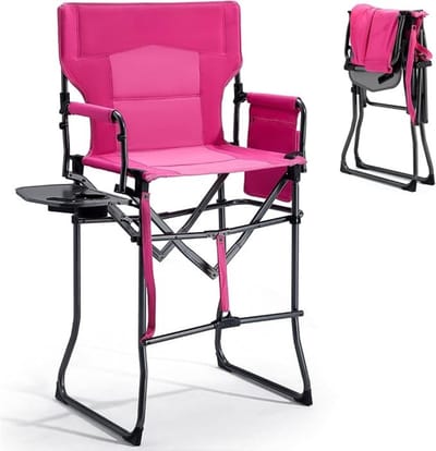Verte Makeup Chair - Regionale Stoel - Hoog - Opvouwbaar - Opvouwbare Make-Upstoel - Draagvermogen 160 kg met Bijzettafeltje en Zijvak - Make-Upstoel voor Visagisten - Sportevenementen - Barstoel - Roze - Zithoogte 78 cm
