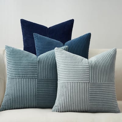 Famanu - Corduroy kussenhoezen 40x40 cm blauw kleurverloop set 4, windmolen patchwork design, sierkussens voor woonkamer