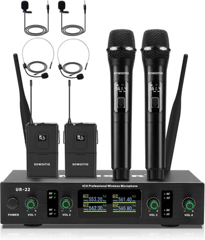 Draadloze 4-Kanaals UHF Microfoonset met Hand-, Headset- en Lavalier Microfoon (90m)