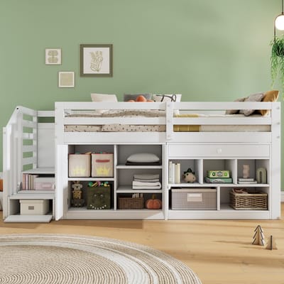 Multifunctioneel houten kinderbed met trap en opbergruimte, omwisselbare trap/kast, uittrekbare lade als bureau, 90x200 cm, wit