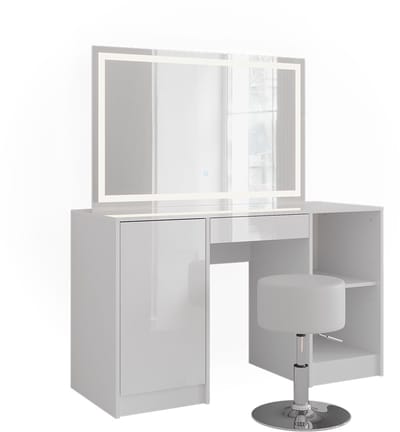 Vicco Sherry Kaptafel set met kruk – 128.2 cm met LED-spiegel en kruk Wit/wit hoogglans