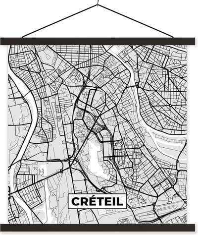 Posterhanger incl. Poster 60x60 cm - Schoolplaat - Frankrijk - Créteil - Stadskaart - Plattegrond - Kaart - Textielposter - Zwarte latten - Stadskaart