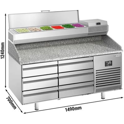 GGM Gastro Pizzakühltisch Premium PLUS - 1490x700mm - mit 6 Schubladen - inkl. Kühlaufsatzvitrine - 6x GN 1/4
