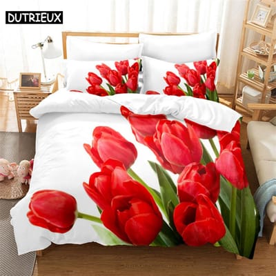 3D Tulp Bloemenprint Dekbedovertrek Set - 3 Delen Verkrijgbaar In Twin, Double En King Maten 180*220cm 3pcs