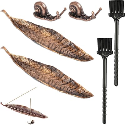 Bronzen wierookhouder met metalen bladeren - Set van 4 antieke asvangers voor wierookstokjes - Ideaal voor interieurdecoratie, meditatie en yoga, rustgevende sfeer creëren