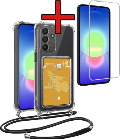 Hoesje Geschikt voor Samsung A27 Hoesje Met Telefoonkoord en Pasjeshouder Met Screenprotector Siliconen - Hoes Geschikt voor Samsung Galaxy A27 Hoesje Met Kaarthouder Shock Proof Case - Transparant
