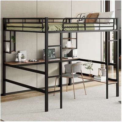 Merax Hoogslaper 140 x 200 cm met bureau en opbergplank - metaal en MDF hout - zwart