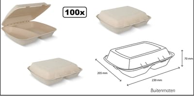 100x Menubox 2-vaks IP4 suikerriet BIO licht bruin - Menu food maaltijd festival thema feest party
