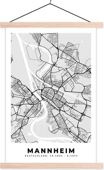 Posterhanger incl. Poster 40x60 cm - Schoolplaat - Stadskaart - Manheim - Kaart - Duitsland - Plattegrond - Textielposter - Blanke latten - Stadskaart