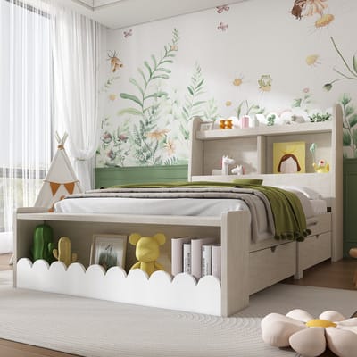 REDOM Bedframe 90x200 cm van massief hout/MDF – Met 2 lades, planken en zitbank met opbergruimte – Wit/Eiken