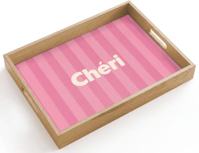 Dienblad hout 40x30 cm - Schootdienblad - Gestreept - Roze - Chéri - Borrelplank rechthoek - Plateau dienbladen