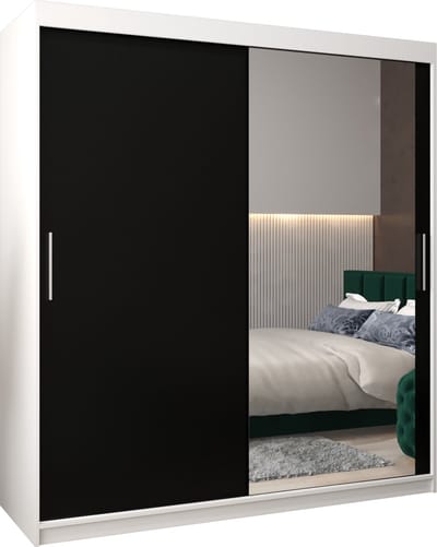 InspireMe - Kledingkast met 2 schuifdeuren, Modern-stijl, Kledingkast met planken (BxHxD): 180x200x62 - TORM II 180 Wit Mat + Zwart