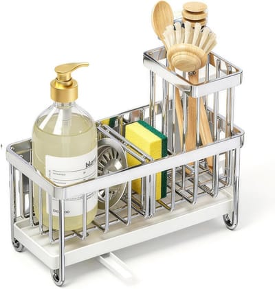Multifunctionele keukenspoelbak organizer van roestvrij staal met afvoer voor sponshouder, zeep en borstels, ideaal voor een opgeruimde keuken