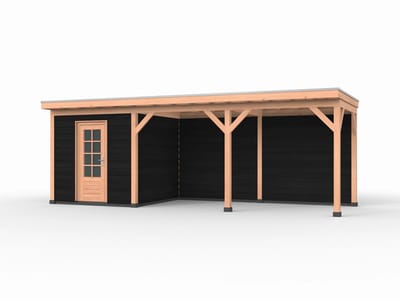 Douglas overkapping, 750 x 250, met zwarte schuur en achterwand, Westwood Comfort Plus