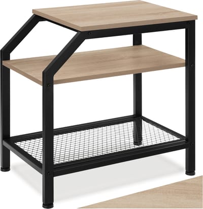 tectake® Bijzettafel met 2 planken en roosterplank - Nachtkastje in industrieel design - Voor woonkamer, slaapkamer, kantoor, hal - Eenvoudige montage - Zwart metalen frame - Afmeting (LxBxH) 36,5 x 58,5 x 59,5 cm - Lichtbruin