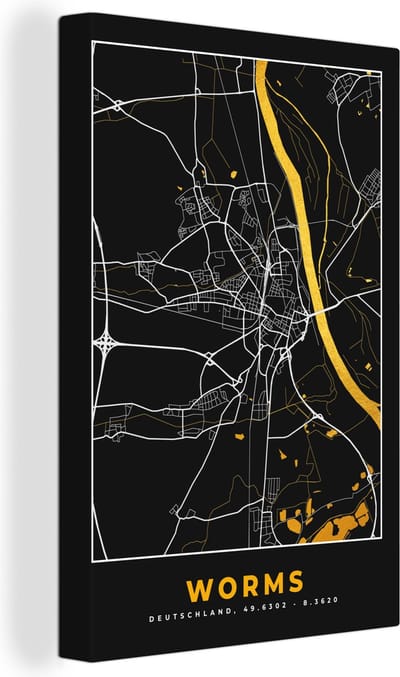 Canvas Schilderij Black and Gold – Stadskaart – Worms – Duitsland – Plattegrond – Kaart - 20x30 cm - Wanddecoratie