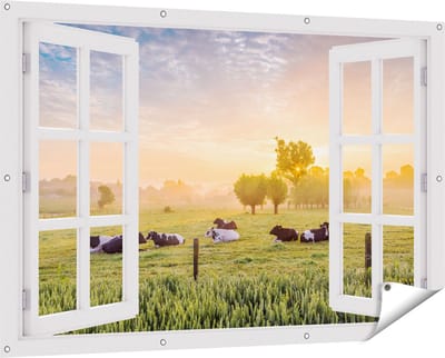Gards Tuinposter Doorkijk Koeien in de Wei tijdens Zonsopgang - 150x100 cm - Tuindoek - Tuindecoratie - Wanddecoratie buiten - Tuinschilderij