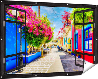 Gards Tuinposter Doorkijk Kleurrijke Straat op het Eiland Kos, Griekenland - 150x100 cm - Tuindoek - Tuindecoratie - Wanddecoratie buiten - Tuinschilderij