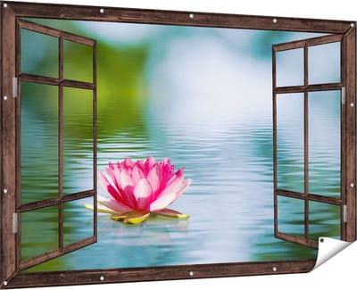 Gards Tuinposter Doorkijk Roze Lotusbloem op het Water - 180x120 cm - Tuindoek - Tuindecoratie - Wanddecoratie buiten - Tuinschilderij